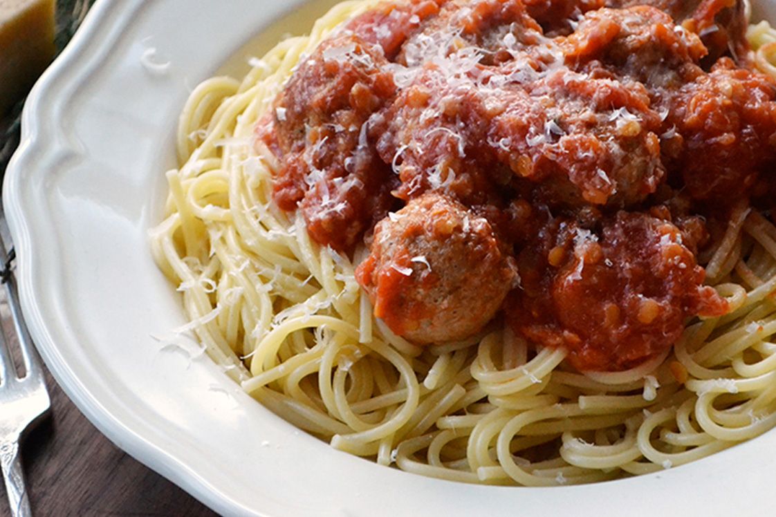 Spaghetti with Sausage Meatballs & Lentils
