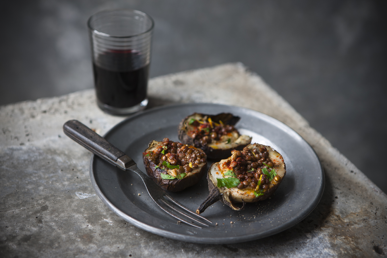 Dirt(y) Red Nugget Lentils with Mushy Baked Eggplant - Gourmet Gurus, Mains Recipe