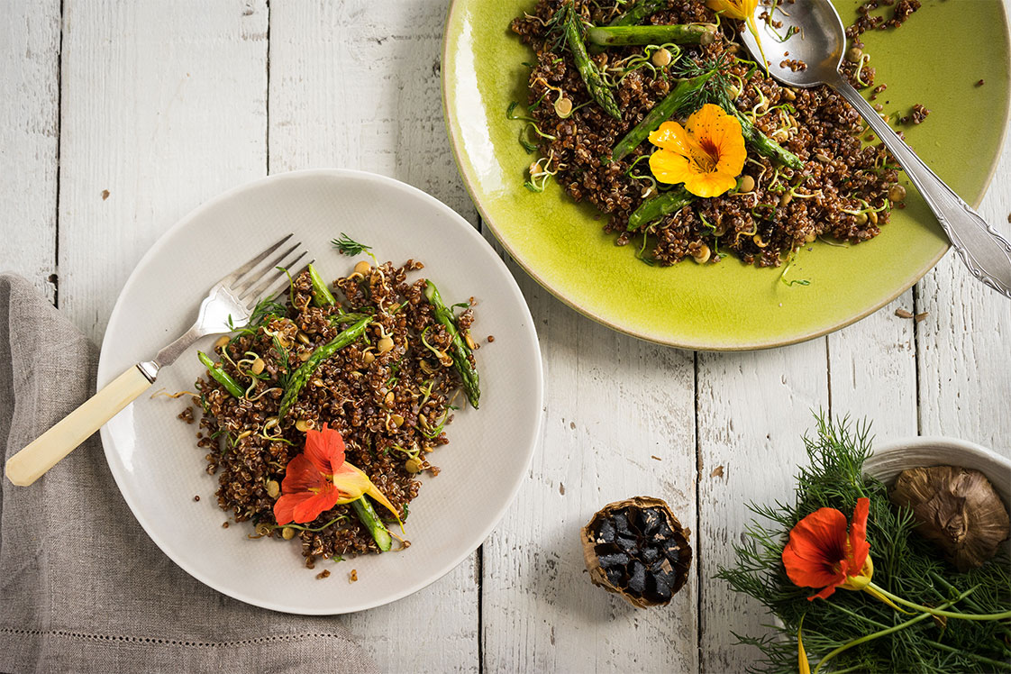 Asparagus and Black Garlic with Quinoa and Nipper Sprouts - Gourmet Gurus, Mains Recipe