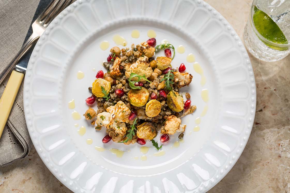 Quinoa, Black Lentil &amp; Roasted Barley Salad With Chickpeas, Cauliflower, Brussels Sprouts &amp; Pomegranate In Apple Cider Vinegar - World's Greatest Pulse Dishes, Appetizers, Snacks &amp; Sides, Mains Recipe